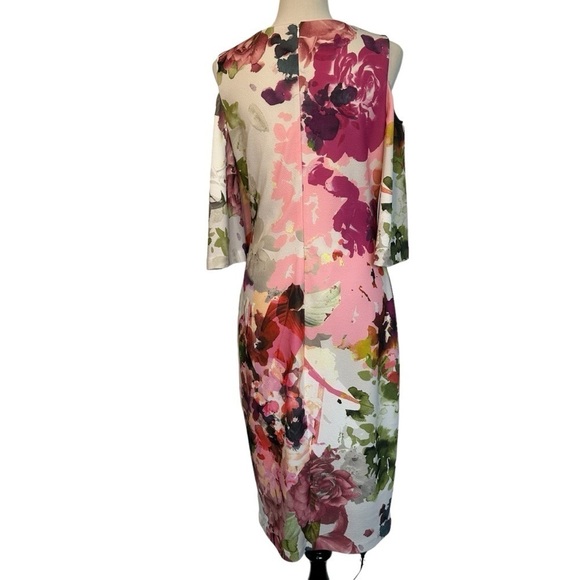 Jax black label size 10 pink purple 
Floral-Print Cold-Shoulder Sheath Dress - Picture 7 of 14